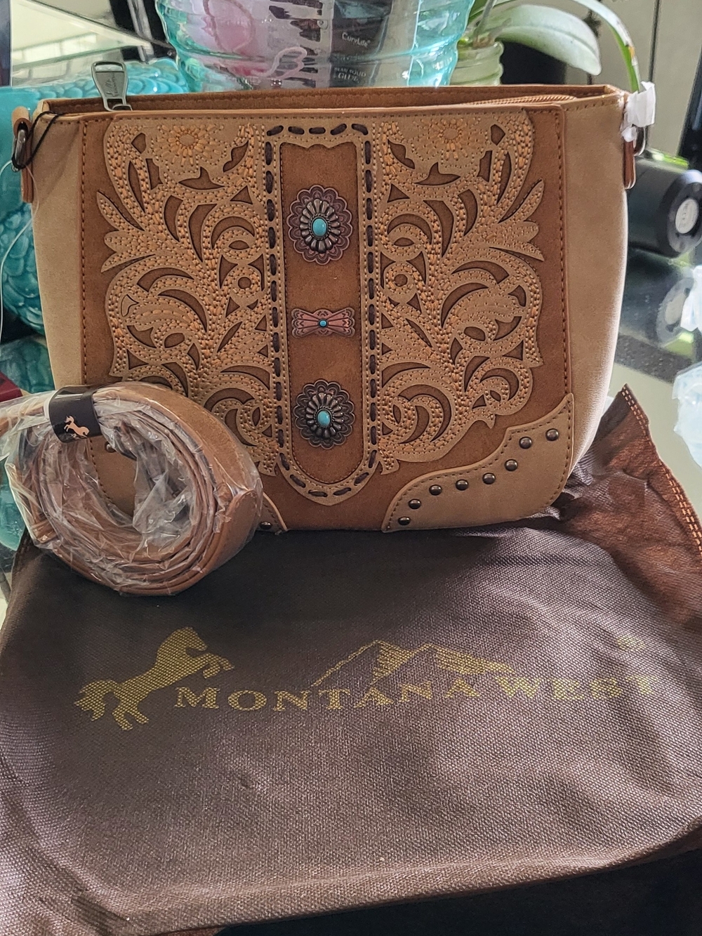 Montana West Tan Laser-Cut Crossbody with Turquoise Conchos